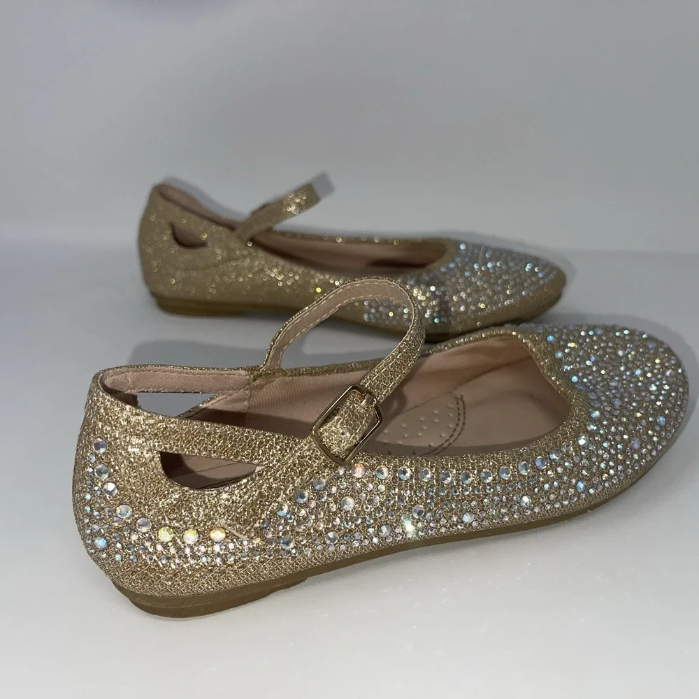 Girls Size 1 Gold Rhinestone‎ Encrusted Glittery Mary Jane Flat Dress Shoes
